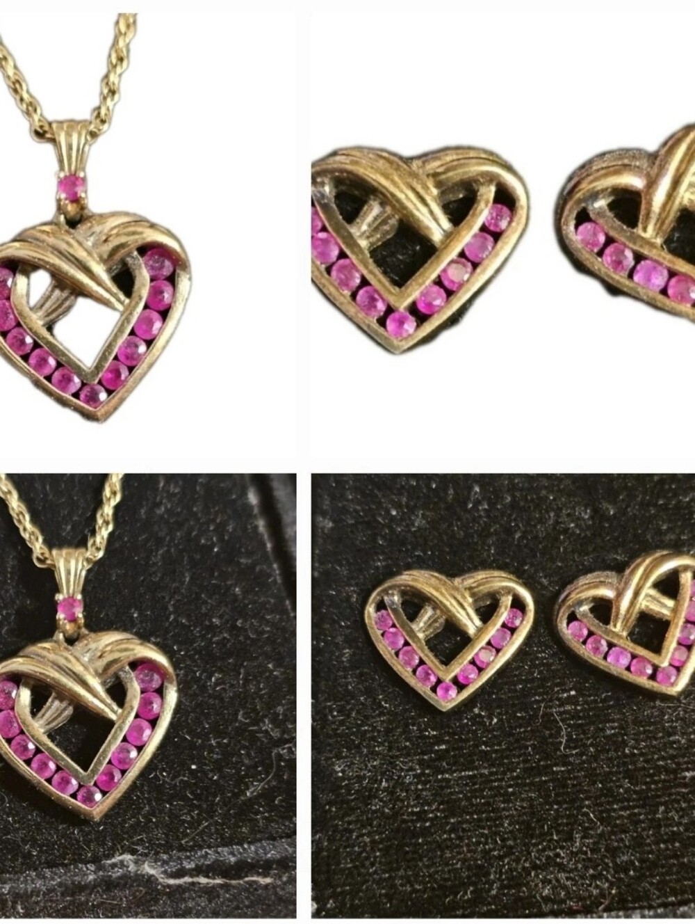 Danbury Mint DOZEN RUBIES HEART Necklace/Earrings Set 14K Gold Vermeil 925 NIB